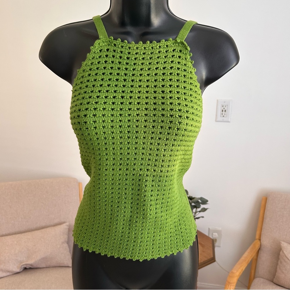 Moon River Green Crochet Halter Tank Top open back UO and Anthropologie Sz M